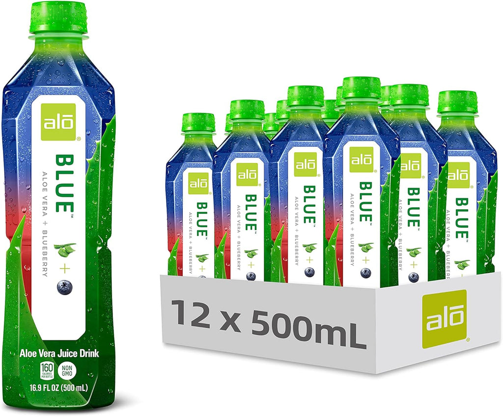 ALO Aloe Vera Juice Drink | BLUE - Aloe Vera + Blueberry | 16.9 fl oz, Pack of 12 | Plant-Based Drink with Real Aloe Pulp