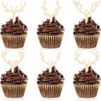 30 Pieces Antler Cupcake Toppers Wooden Reindeer Cake Topper Christmas Deer Cake Picks for Baby Shower Wedding Hunting Rustic Birthday Party Favors, 6 Styles