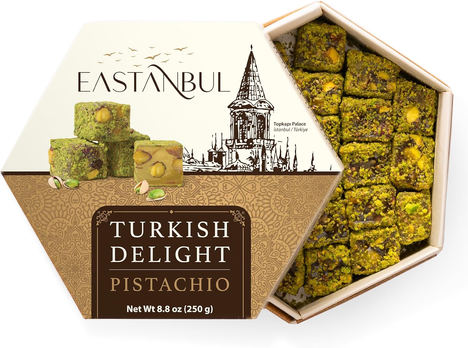 Eastanbul Turkish Delight Pistachio, 8.8oz, Turkish Delights Candy, Gourmet & Double Roasted Pistachios Filled, Rich Nuts Content, Lokum, Loukoumi, Vegan Gifts, Gluten Free