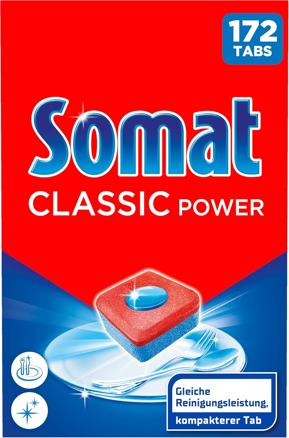 Somat Classic Power Dishwasher Tabs (172 Tabs), Dish Rinse Tabs with Grease Dissolving Power for Powerful Cleaning, Rinse Tablets for Radiantly Clean Dishes, Even at Low Temperatures