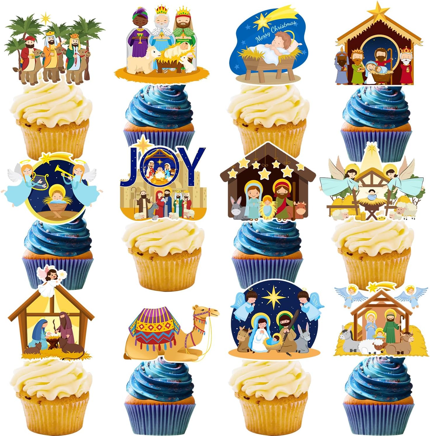 24 PCS Nativity Cupcake Toppers, Christmas Religious Nativity Party Decorations Happy Birthday Jesus Nativity Cake Toppers Cake Decorations for Winter Holiday Party Religious Education Supplies