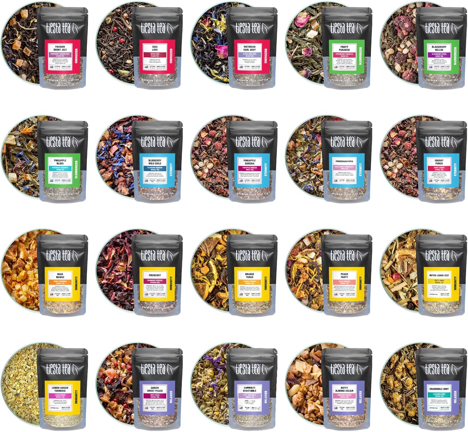 Tiesta Tea - Discovery Sampler Dry Flight Set, Loose Leaf, High to No Caffeine, Hot & Iced Up to 200 Cups, Tea Variety Pack with Green, Herbal, Black & Chai Brew, 20 Resealable Sample Pouches