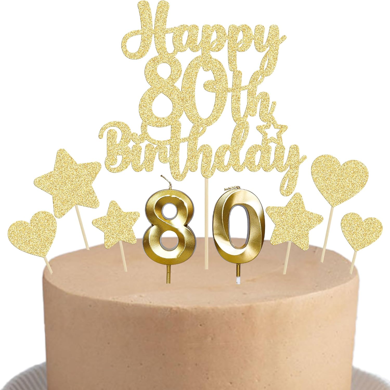 Gyufise 15Pcs Happy 80th Birthday Cake Topper Set with Heart Star Glitter Cheers to 80 Years Cake Picks Number 80 Candles Cake Decorations for Happy 80th Birthday Anniversary Party Supplies Gold