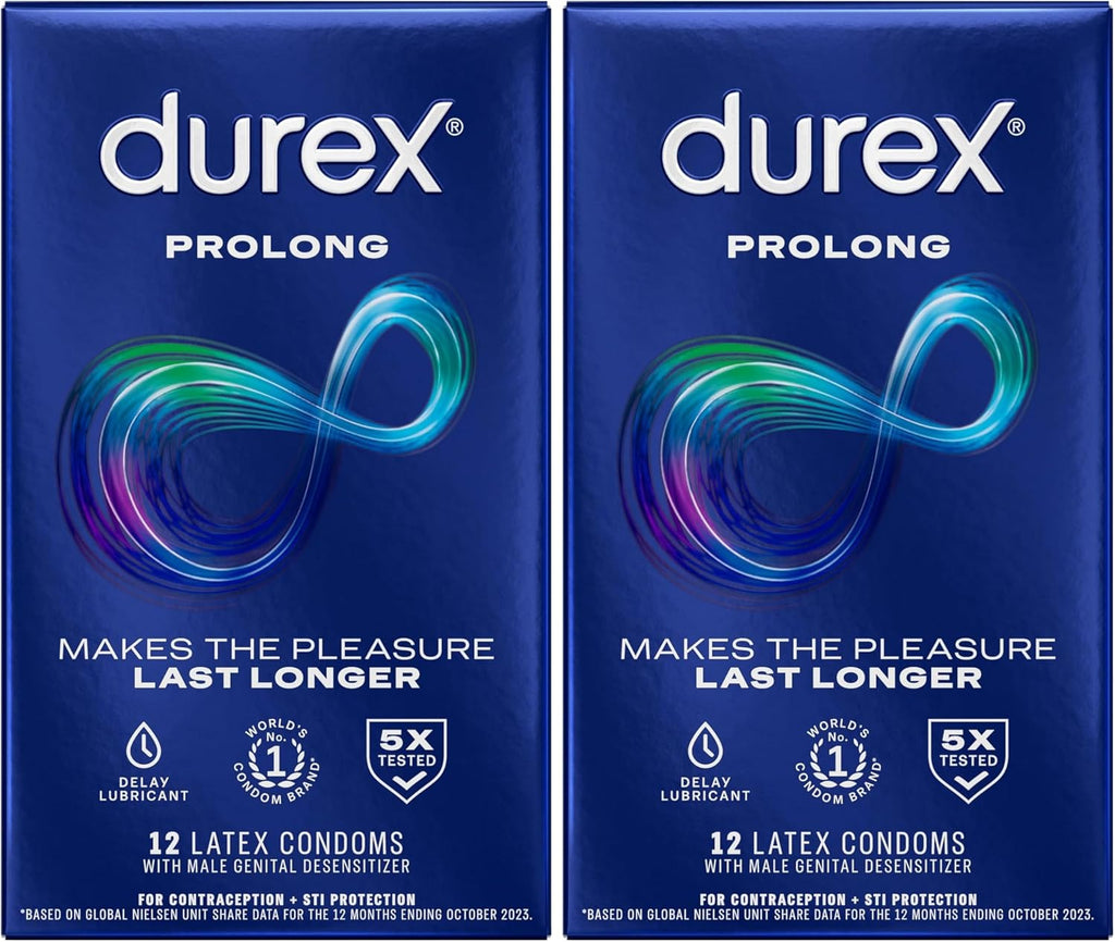 Durex Prolong Condoms with Delay Lubricant, Ribbed & Dotted Condoms for Men, 12 Count (Pack of 2)