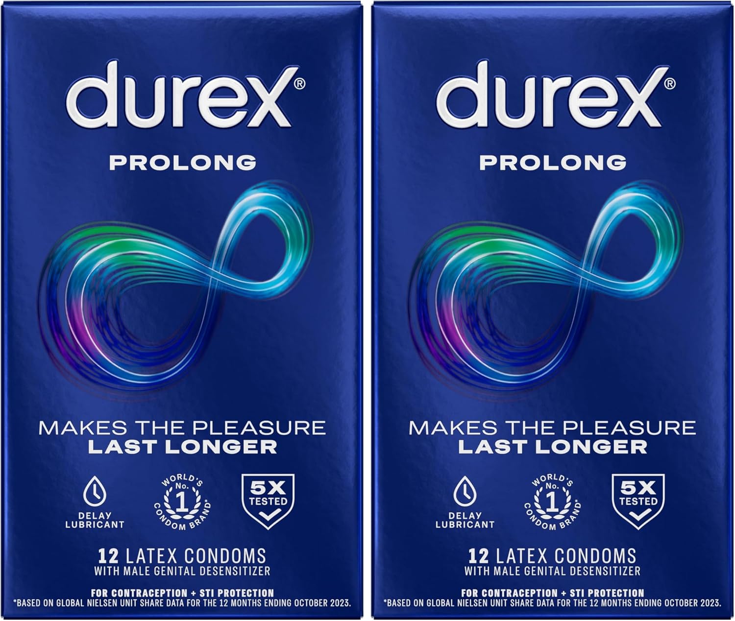 Durex Prolong Condoms with Delay Lubricant, Ribbed & Dotted Condoms for Men, 12 Count (Pack of 2)