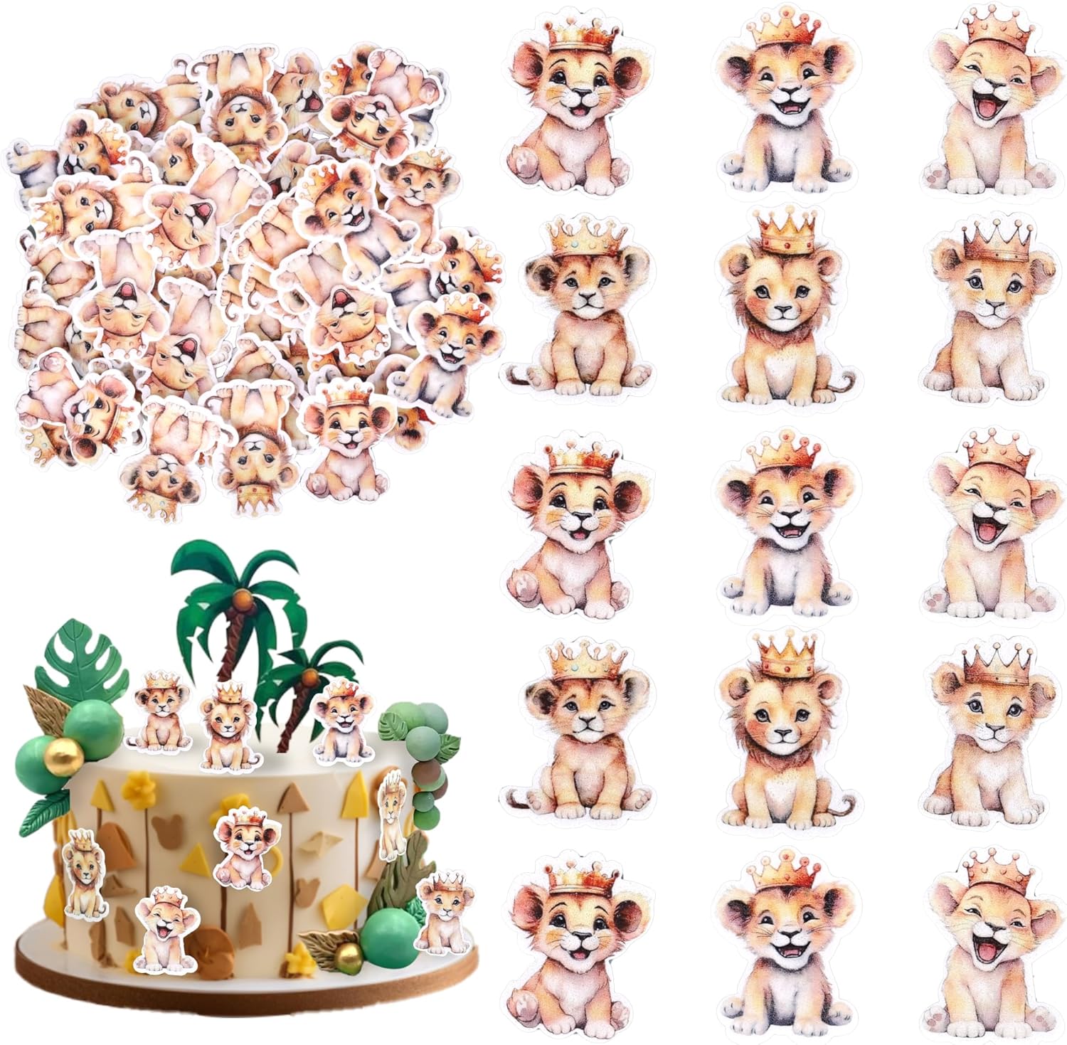 60 PCS Edible Lion Cupcake Toppers Jungle Safari Animal Crown Lion Cupcake Picks Edible Little Lion Cake Decoration for Lion Animal Theme Baby Shower Boys Girls Birthday Party Decorations Supplies
