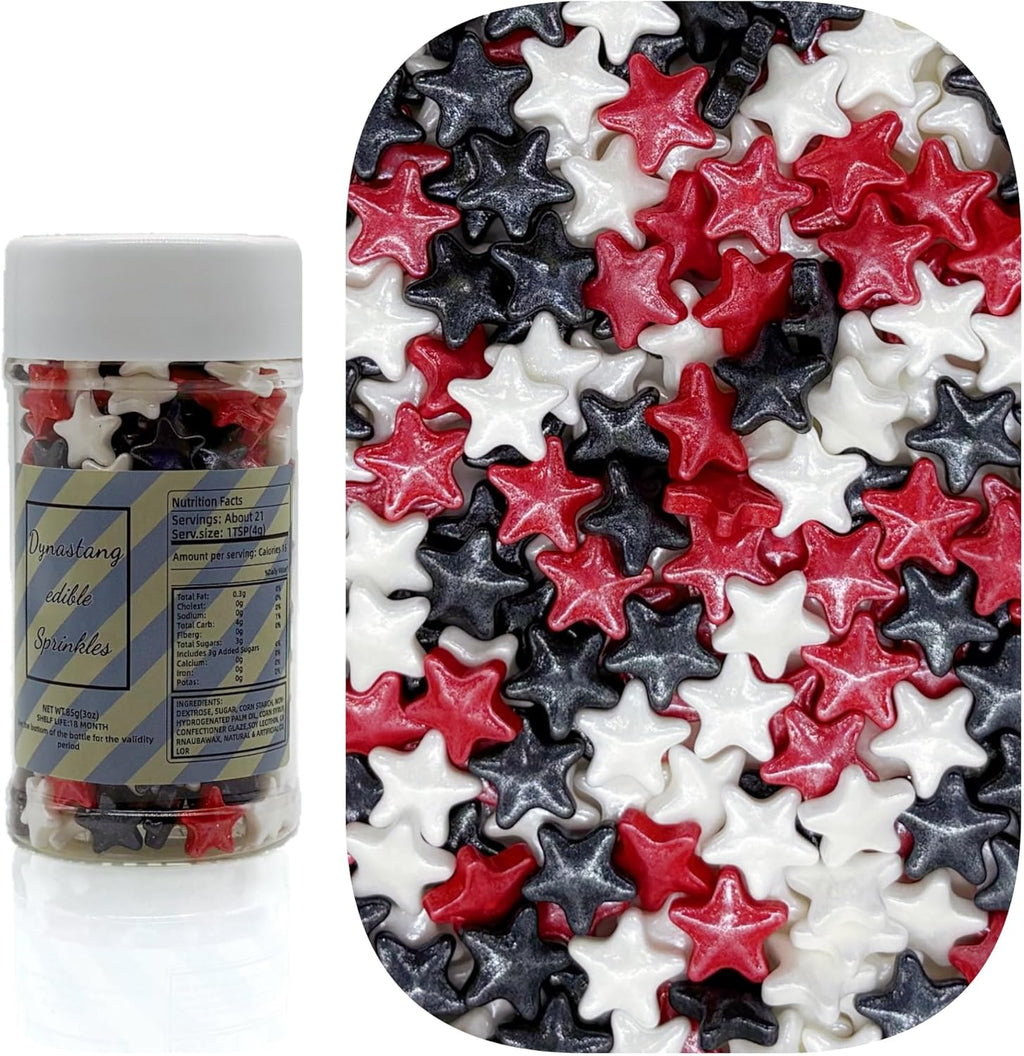 Dynastang 10mm Red & Black & White Stars Sprinkles Edible Stars Cake Decorating Stars Cake Decorations Cupcake Toppers Cookie Decorating Perfect for Cakes, Cupcakes, Desserts Toppings 3OZ
