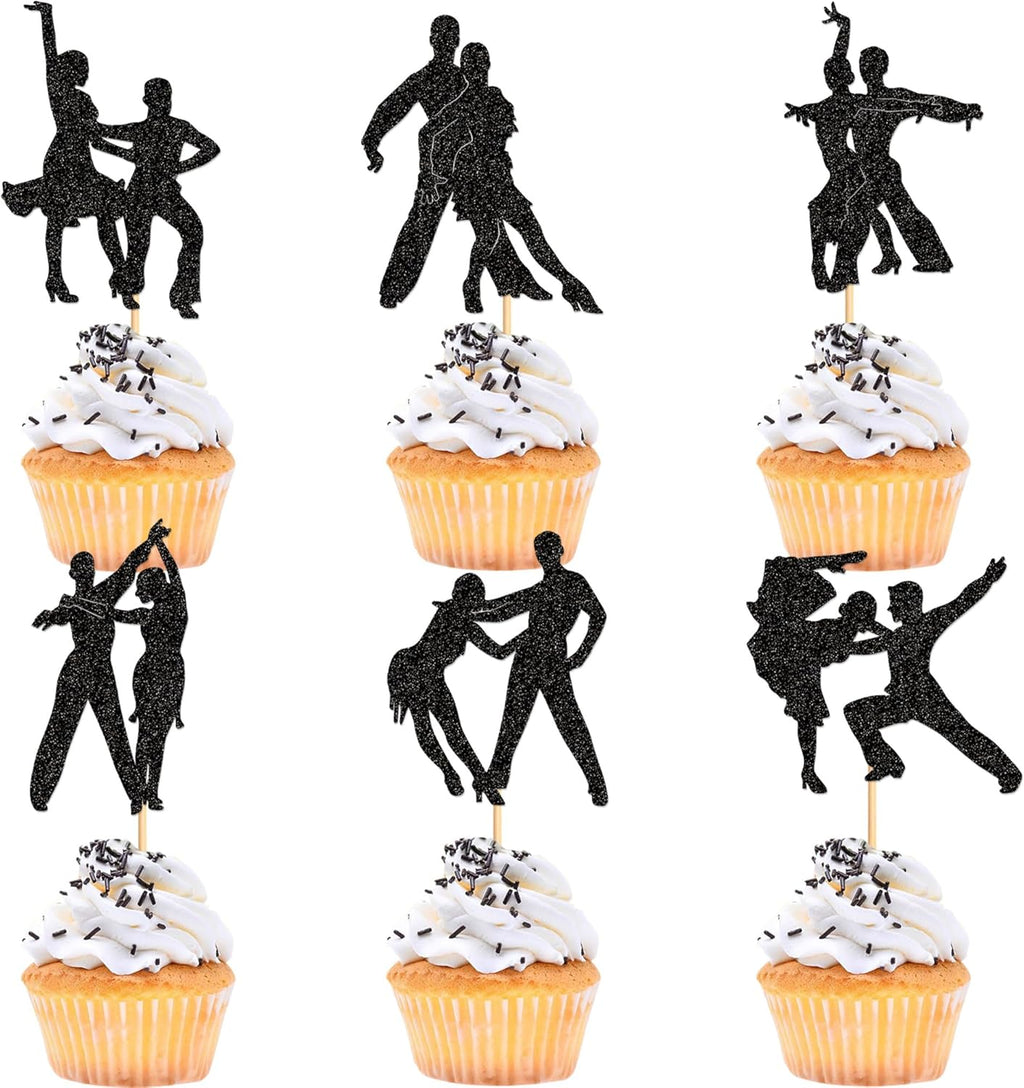 Ercadio 24 PCS Latin Dance Cupcake Toppers Black Glitter Adulthood Ceremony Dancing Girl Boy Cake Birthday Picks for Dancing Cake Dessert Muffin Toppers for Wedding Baby Shower Birthday Party