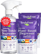 Truly Free Heavy Duty Degreaser - Grease Remover & Grime Cleaner for Kitchen, Automotive & More, Household Cleaning Supplies, Fragrance-Free, Includes 16 oz Reusable Empty Bottle + Two Fills, 3 oz ea.