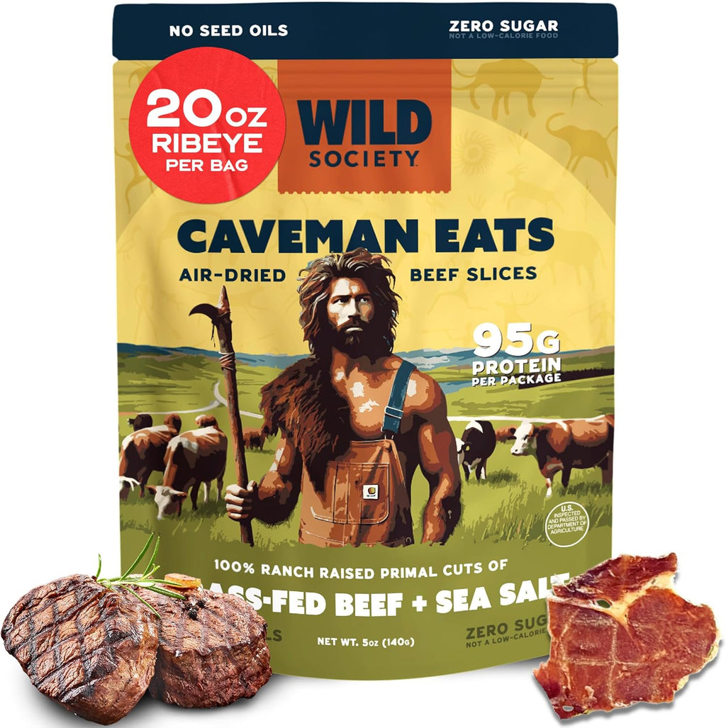Wild Society - Caveman Eats - Grass Fed Ribeye Steak Slices - 95g Protein - Only Steak & Salt - 2 Ingredients - Air dried Beef Jerky Carnivore Snacks Crisps - Sugar Free, Gluten Free, Keto, Paleo (5oz)