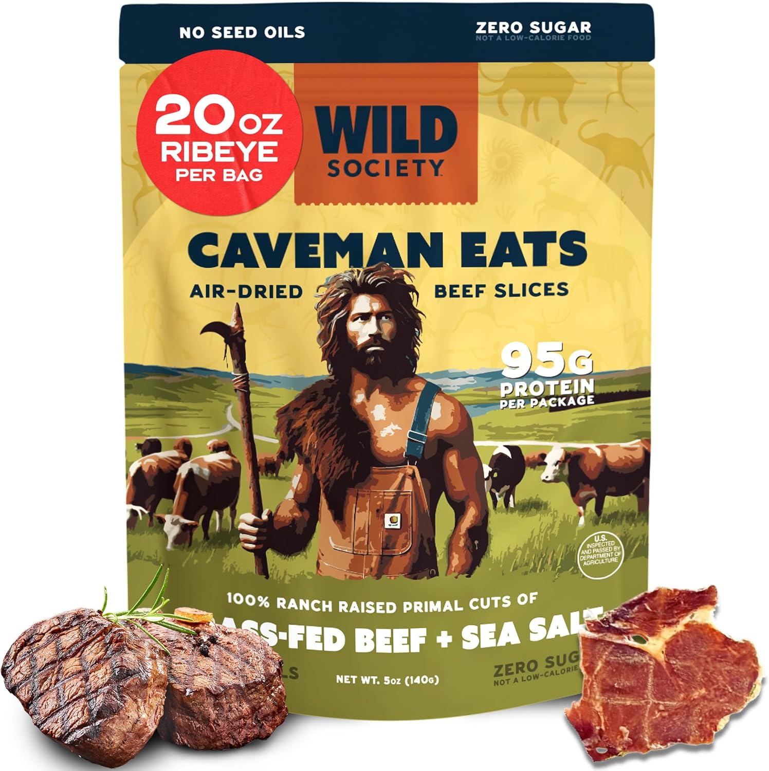 Wild Society - Caveman Eats - Grass Fed Ribeye Steak Slices - 95g Protein - Only Steak & Salt - 2 Ingredients - Air dried Beef Jerky Carnivore Snacks Crisps - Sugar Free, Gluten Free, Keto, Paleo (5oz)