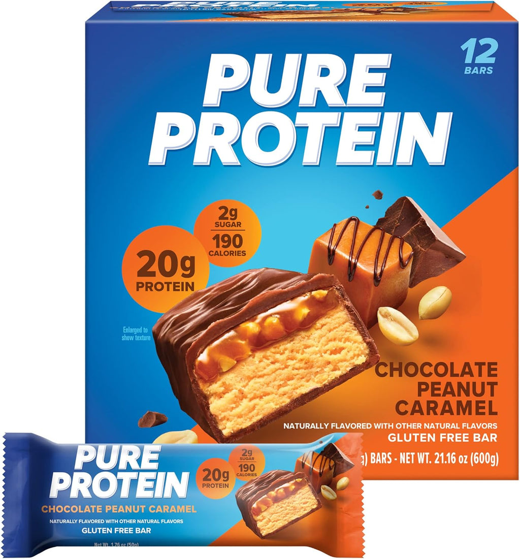 Pure Protein Chocolate Peanut Caramel Protein Bars – 20g Protein, 3g Sugar, 190 Calories (12 count) Low Sugar* High Protein Snack - Gluten Free - Perfect for a Healthy Snack