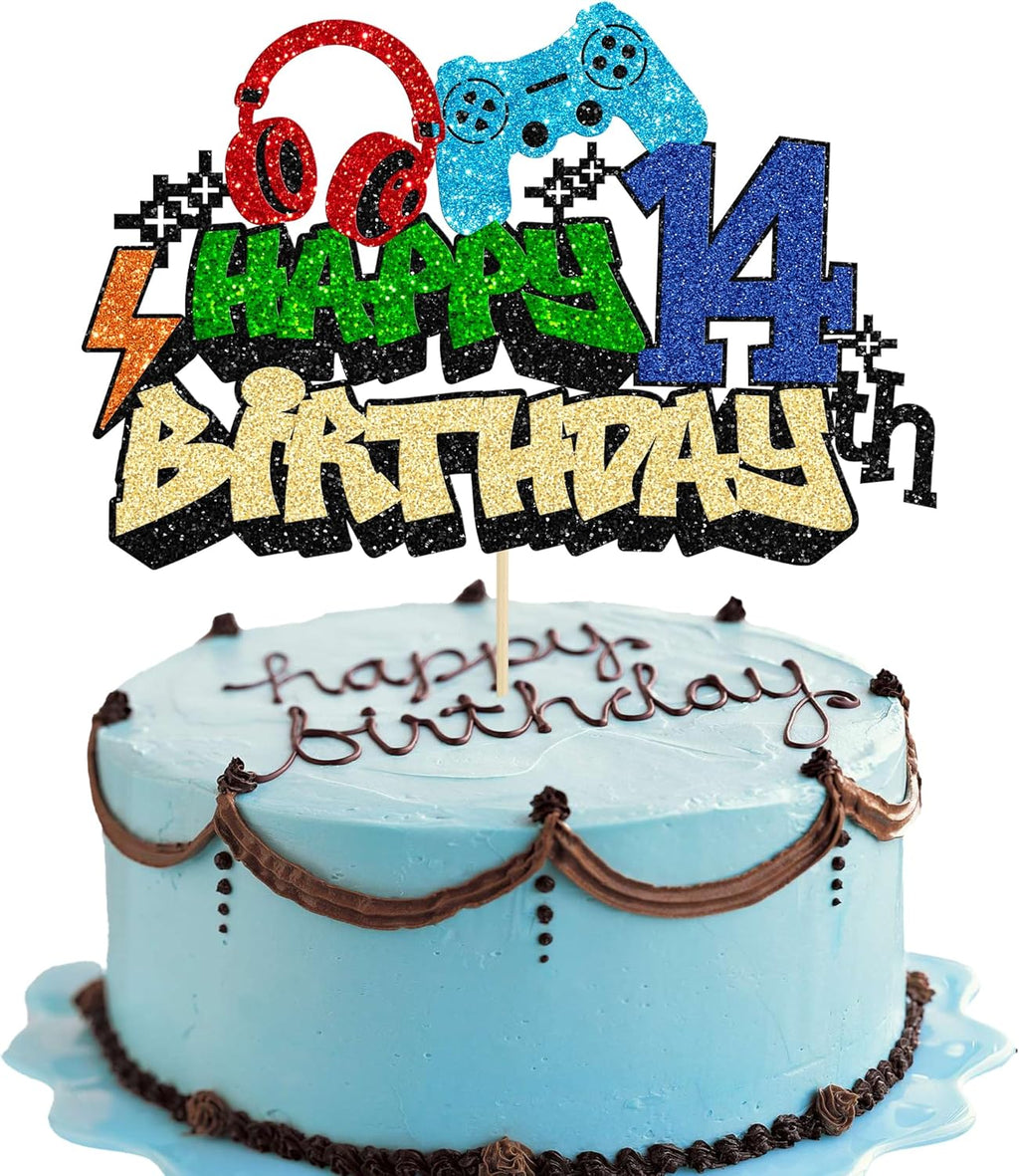 Gyufise 1Pcs Happy 14th Birthday Cake Topper Glitter Video Game Cake Pick Game On Controllers Fourteen Cheers to 14 Years Cake Decoration for Game Theme Happy 14th Birthday Party Supplies