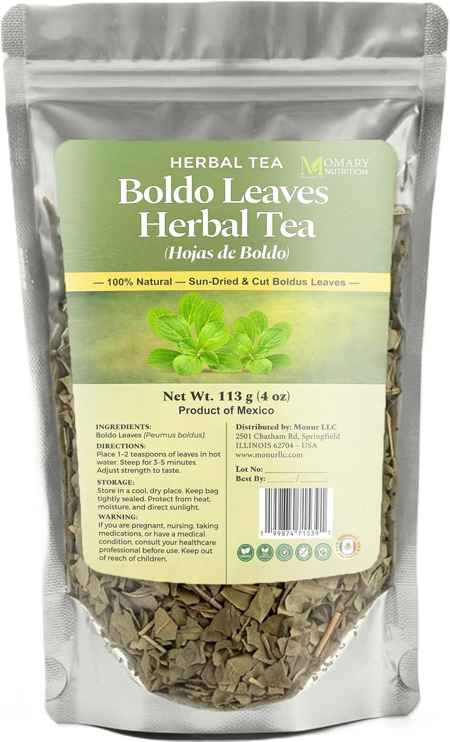 Boldo Leaves Herbal Tea — Hojas de Boldo (Peumus boldus) — Net Wt. 113 g (4 oz) — 100% Natural, Caffeine Free, Traditional Loose Leaf Boldus Herbal Infusion — Digestive & Liver Support — Sun-Dried