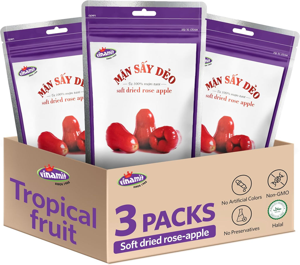 Vinamit Soft Dried Rose-Apple | Dried Plums Pack 3 of 3.5 oz Bag | Chewy Exotic Fruit Snacks | Vegan, Gluten-Free | High in Fiber, Non-GMO | Perfect for Gifting, Travel, Clean Eating