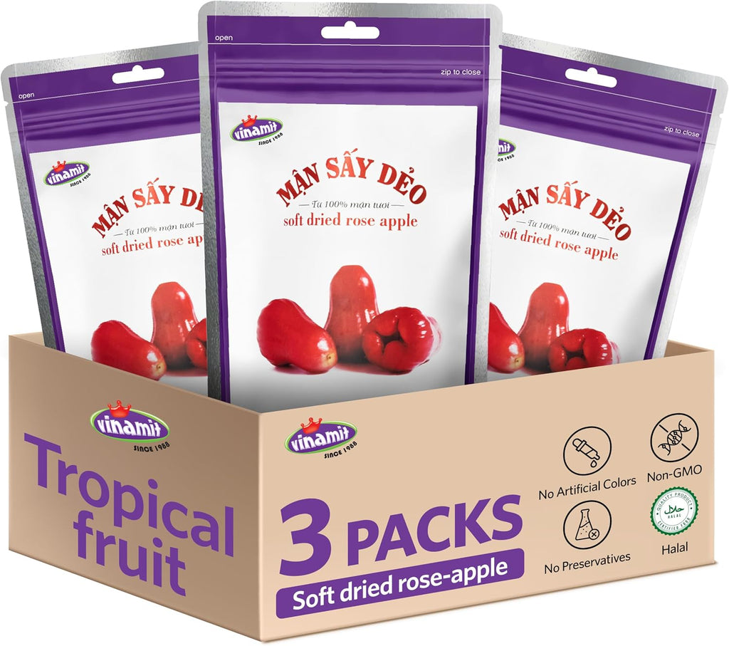 Vinamit Soft Dried Rose-Apple | Dried Plums Pack 3 of 3.5 oz Bag | Chewy Exotic Fruit Snacks | Exotic Jambu Wax Apple Slices High in Fiber | Healthy Dried Fruit Snacks for Adults, Kids, Gifting & Travel