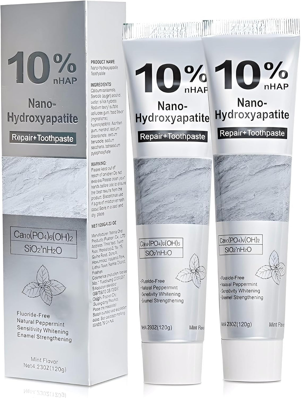10% Nano Hydroxyapatite Toothpaste, Enamel Repair & Remineralizing Toothpaste, Gentle Whitening, Fresh Breath, Daily Oral Care for Sensitive Teeth, Fluoride-Free (2 Pack)