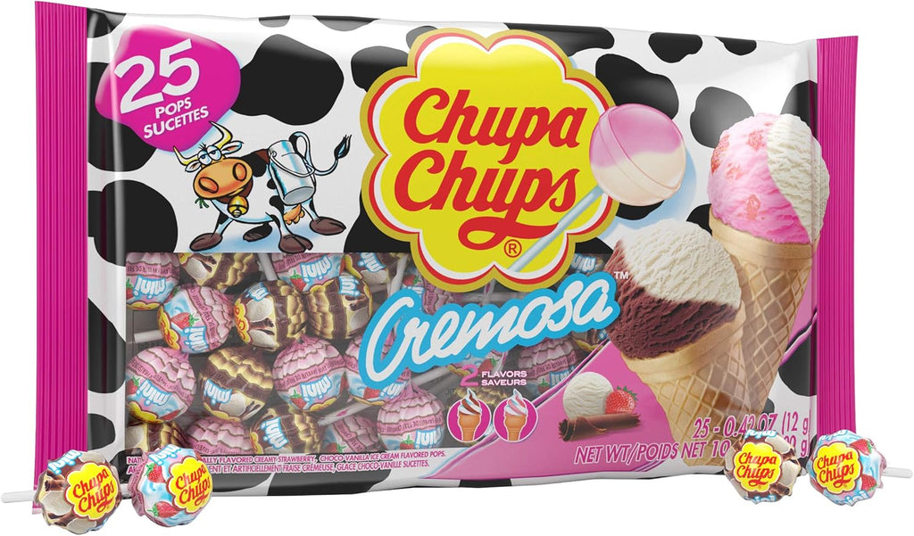 Chupa Chups (1) bag Cremosa Lollipops Candy 2 Ice Cream Flavors - Strawberry and Cream, Choco-Vanilla - Fat, Peanut & Gluten Free 25 pieces/10.58 oz