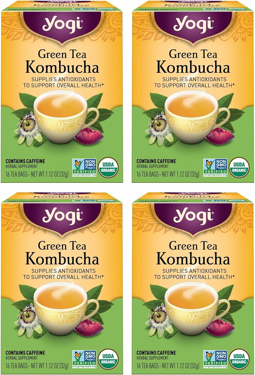 Yogi Tea Green Kombucha Tea - 16 Bags per Pack (4 Packs) - Organic - With Kombucha to Support Overall Health - Includes Lemongrass, Spearmint Leaf & More