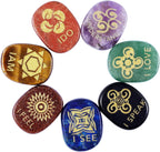 mookaitedecor 7 Piece Chakra Stones Engraved English Symbols Polished Palm Stones for Reiki Crystal Healing
