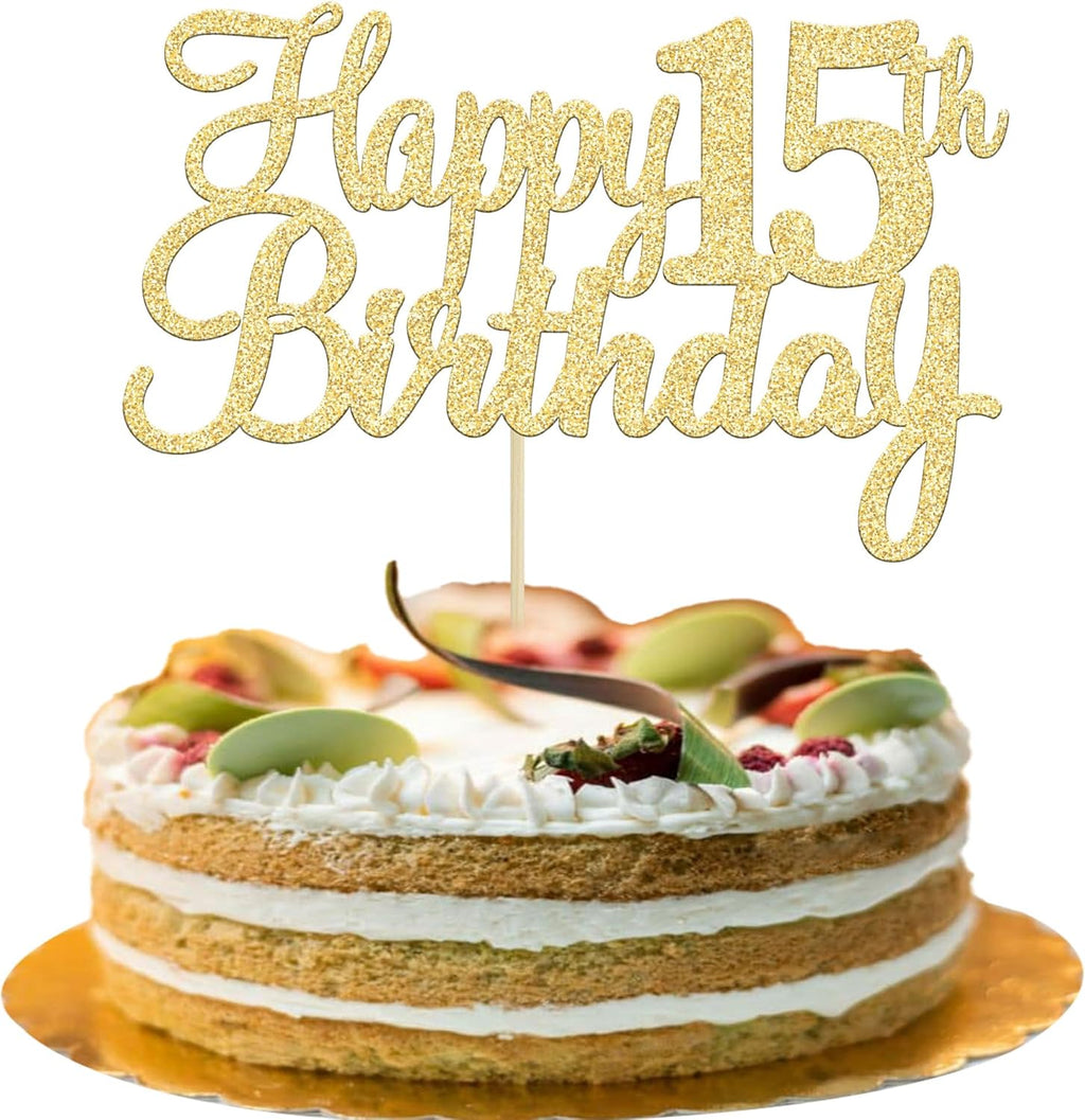 Gyufise 1Pc Gold Happy 15th Birthday Cake Topper Glitter 15th Birthday Cake Pick Cheers to 15 Years Old Fifteen Fabulous Cake Decorations for 15th Birthday Theme Party Supplies
