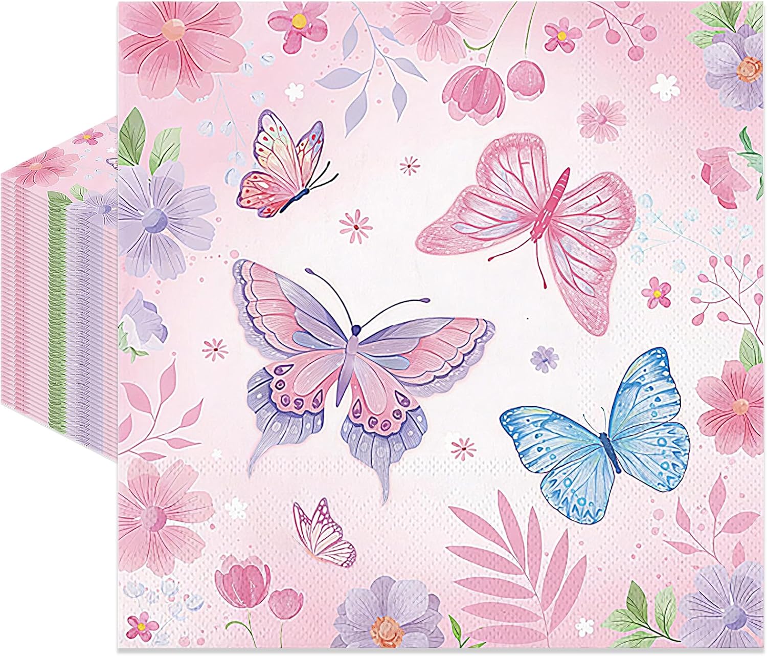 40 Pack Butterfly Party Paper Napkins – 13 x 13 Inches Disposable Pink Floral Butterfly Luncheon Cocktail Napkin Party Supplies for Girls’ Birthday, Spring Celebrations, and Garden-Themed Parties