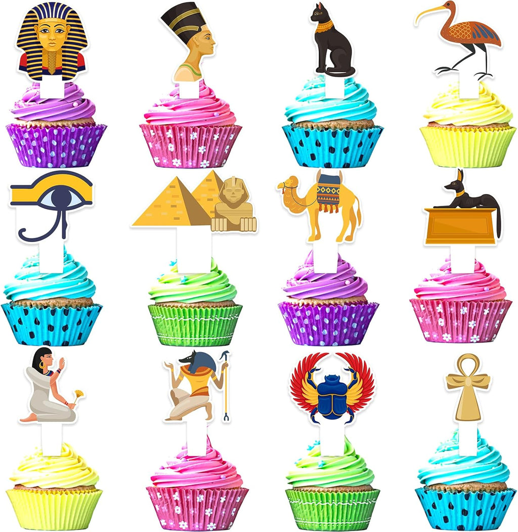 24-Pcs Egyptian Themed Happy Birthday Pyramid, Mummy and Pharaoh Cupcake Toppers Set -Ancient Egypt King Tutankhamun Themed Party, Kids, Boys and Girls Birthday Party or Baby Shower Decoration-LIANGSS