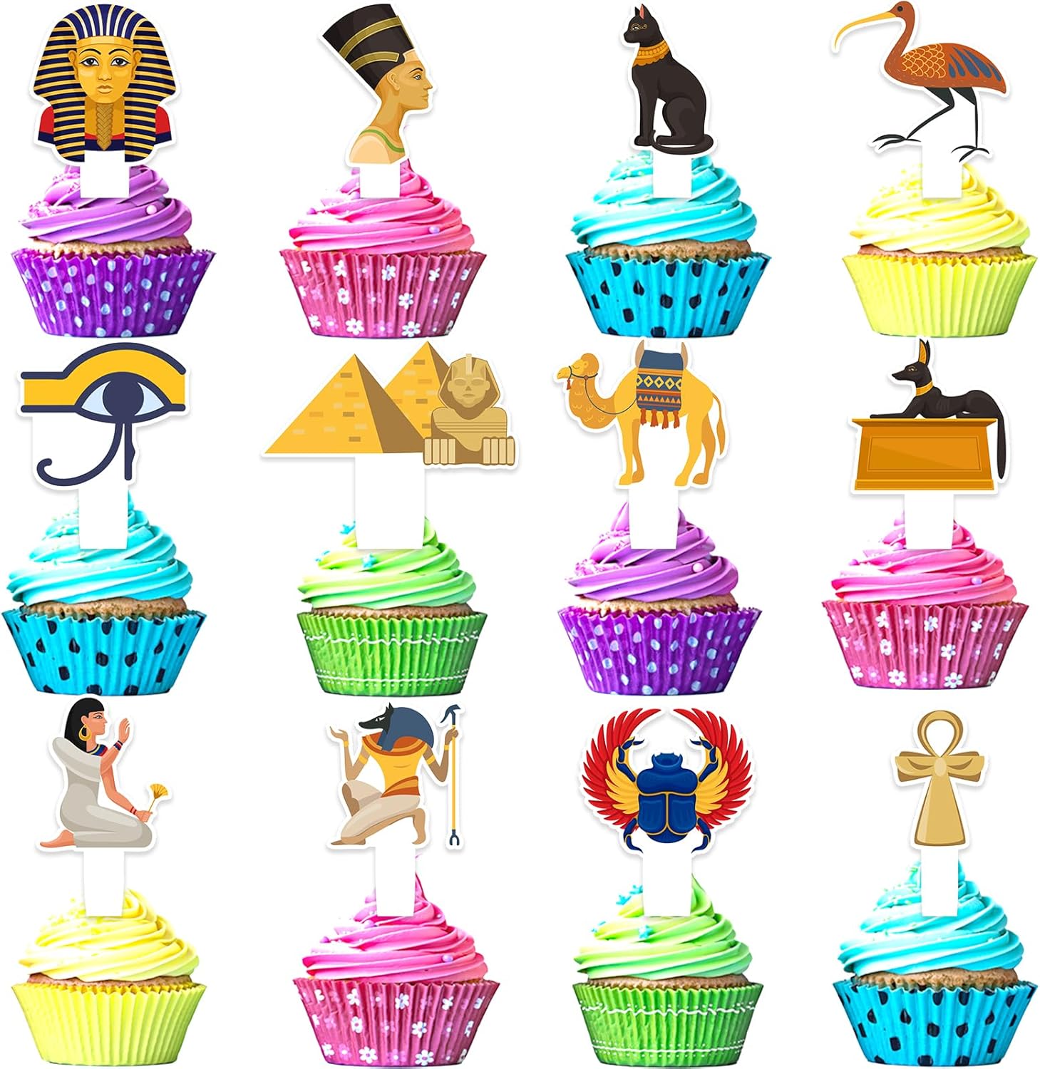 24-Pcs Egyptian Themed Happy Birthday Pyramid, Mummy and Pharaoh Cupcake Toppers Set -Ancient Egypt King Tutankhamun Themed Party, Kids, Boys and Girls Birthday Party or Baby Shower Decoration-LIANGSS