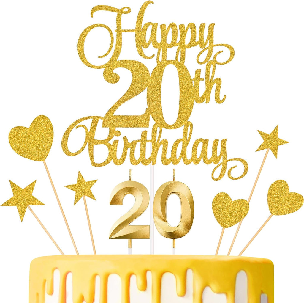 20th Birthday Cake Decorations, 20th Birthday Candles Cake Numeral Candles and Glitter Happy 20th Birthday Cake Toppers Set for Birthday Party Supplies (Gold)