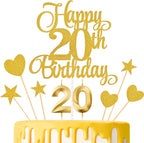 20th Birthday Cake Decorations, 20th Birthday Candles Cake Numeral Candles and Glitter Happy 20th Birthday Cake Toppers Set for Birthday Party Supplies (Gold)