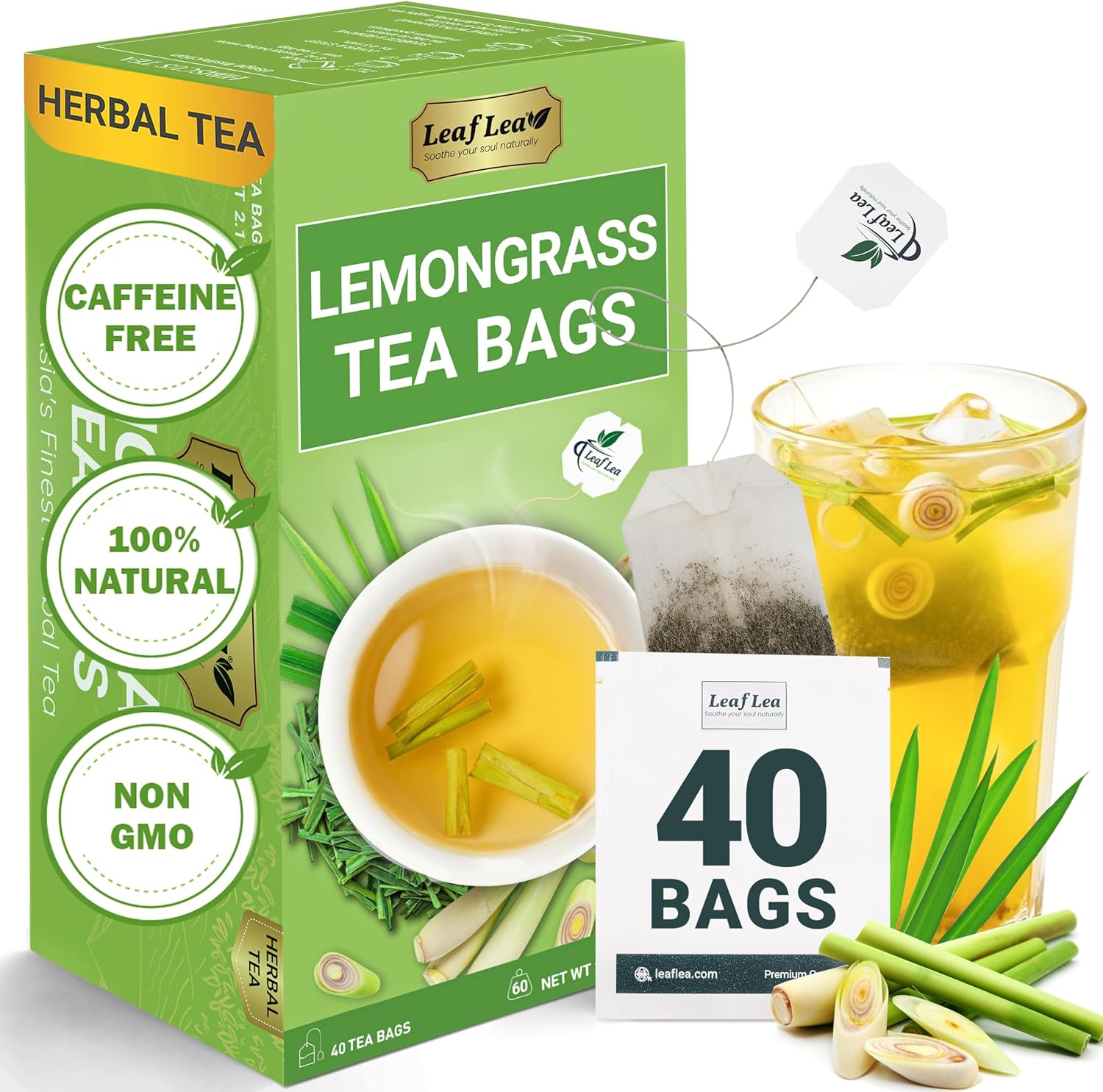 LeafLea Lemongrass Tea Bags, 40 Count, 100% Natural Lemongrass Leaves, Te Limon Grass, Te de Limoncillo Herbal Tea with Smooth Light Aroma, Sugar-Free, Caffeine-Free, Non-GMO, Vegan Friendly