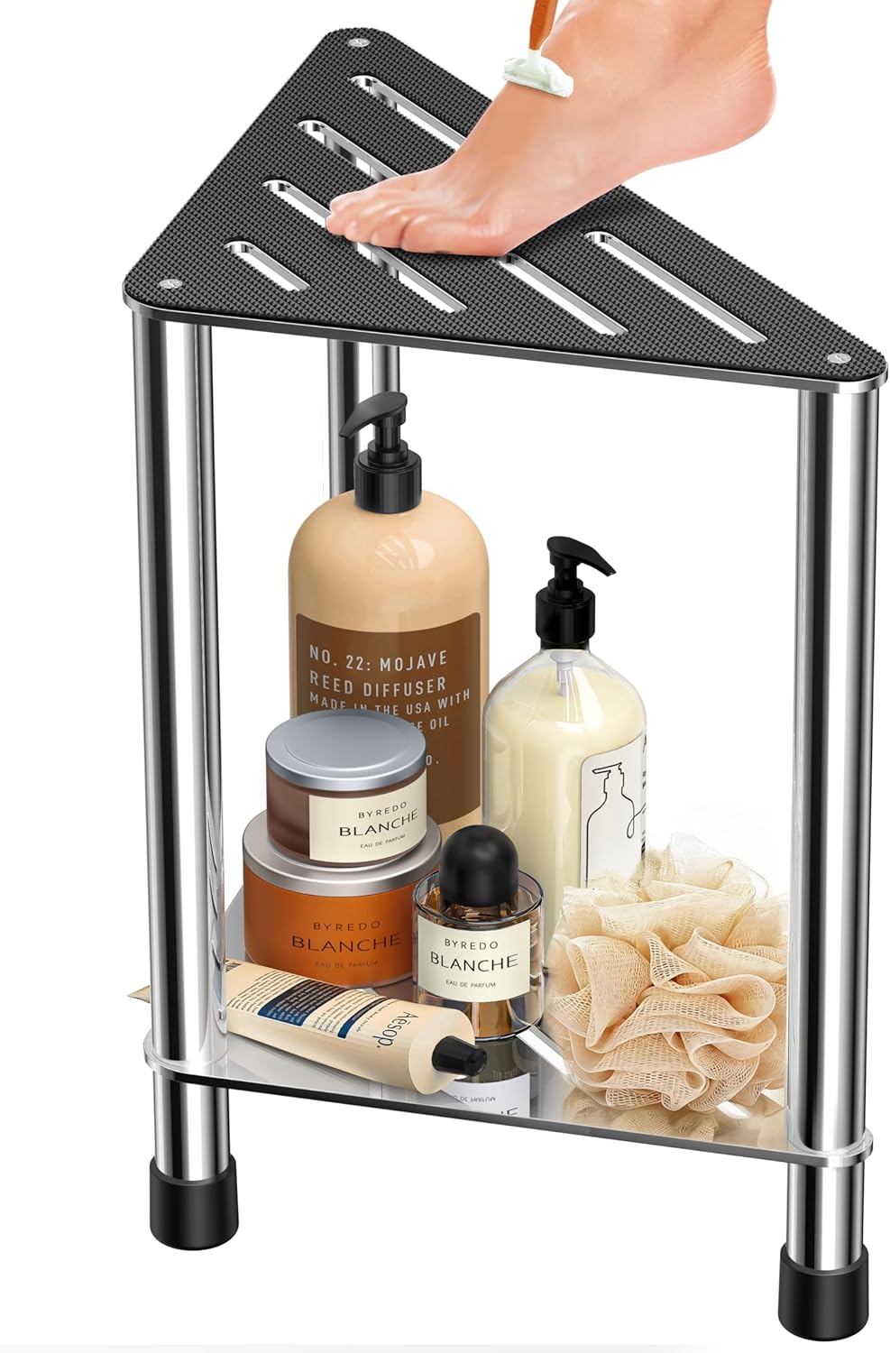 Upgrade Stainless Steel Shower Stool for Inside Shower, 15.4'' H Shower Foot Rest, Corner Shower Stool with Storage Shelf, Shower Step for Shaving Legs, Bathroom Corner Shower Bench, Silver