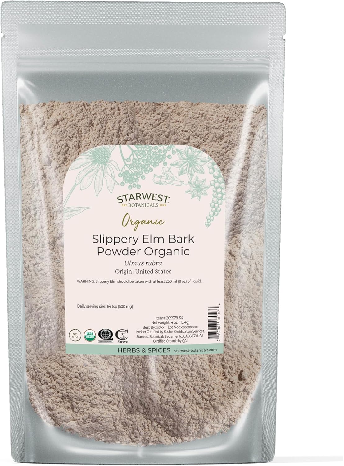 Starwest Botanicals Organic Slippery Elm Bark Powder - Traditional Herb for Tea & Recipes, Enjoy with Milk & Sweetener, Certified Kosher, Non-GMO - 4 oz Pouch