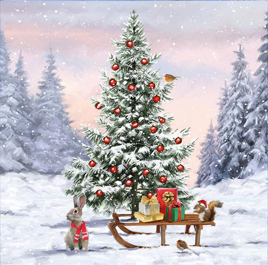 20-ct 3-Ply 13x13 Snowfun Christmas Napkins for Kids - Paper Napkins for Decoupage, Decorative Winter Animal Napkins With Tree