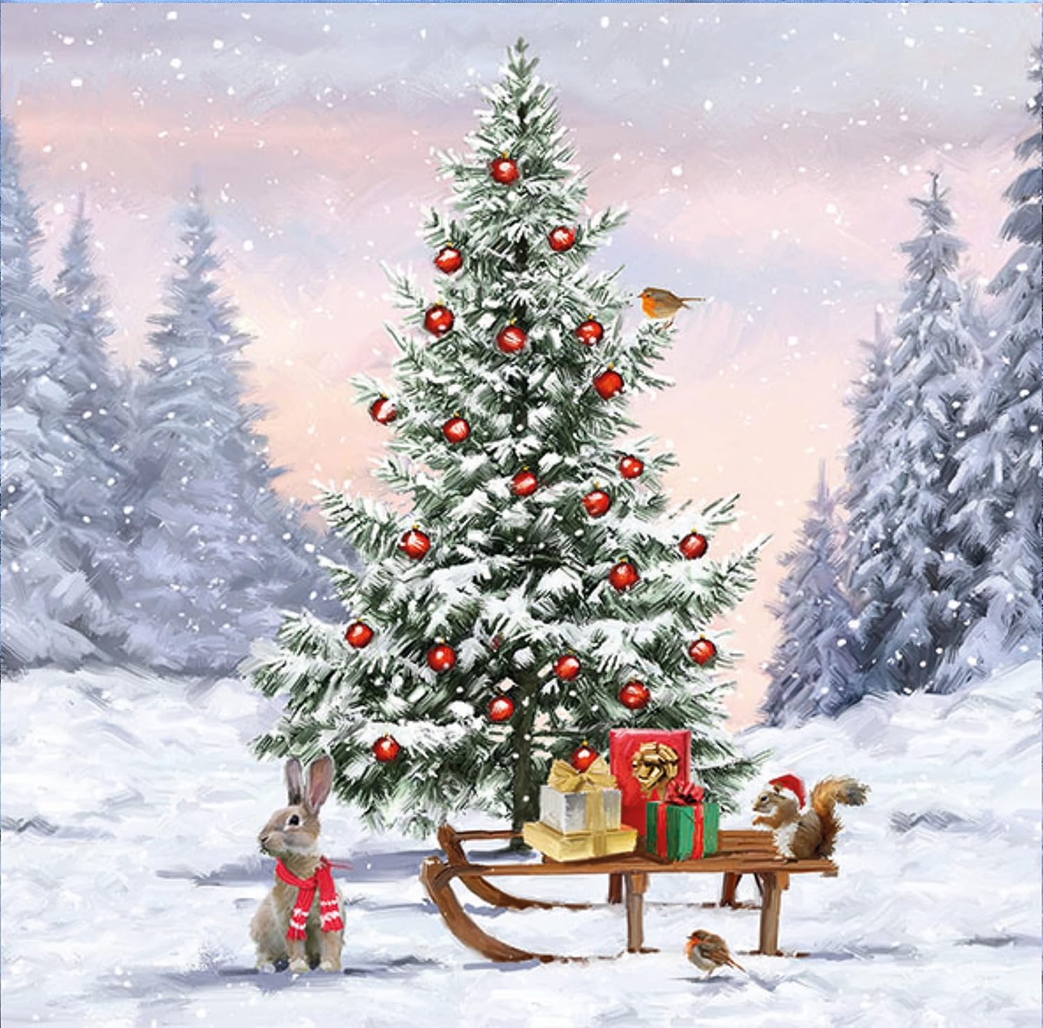 20-ct 3-Ply 13x13 Snowfun Christmas Napkins for Kids - Paper Napkins for Decoupage, Decorative Winter Animal Napkins With Tree