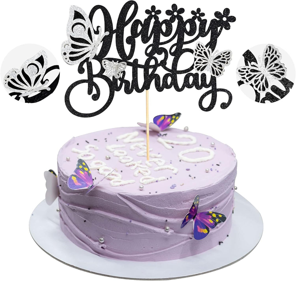 Gyufise 1Pcs Butterfly Cake Toppers Glitter Assembled 3D Butterfly Cupcake Topper for Girls Women's Happy Birthday Cake Topper Birthday Cake Decorations Butterfly Party Decorations Black Silver