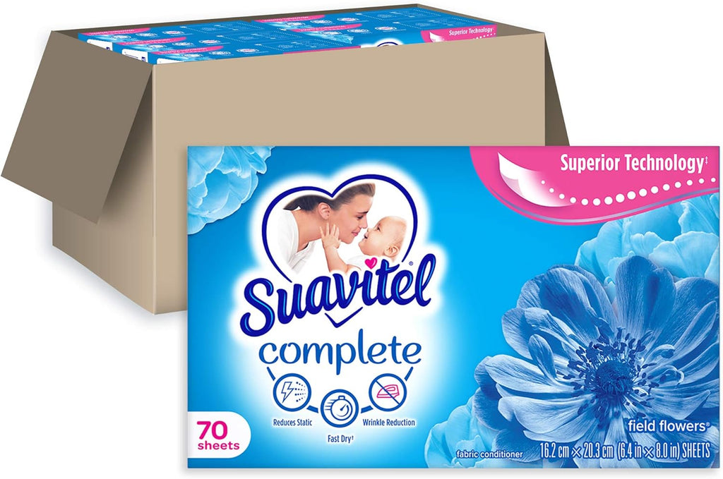 SUAVITEL Complete Dryer Sheets, Field Flowers, 420 Sheets Total (70 Sheets|Case of 6) | Compare to Dryer Balls | Household Supplies | Laundry Scent Boosters, Laundry Sheets & Laundry Softener (139375)