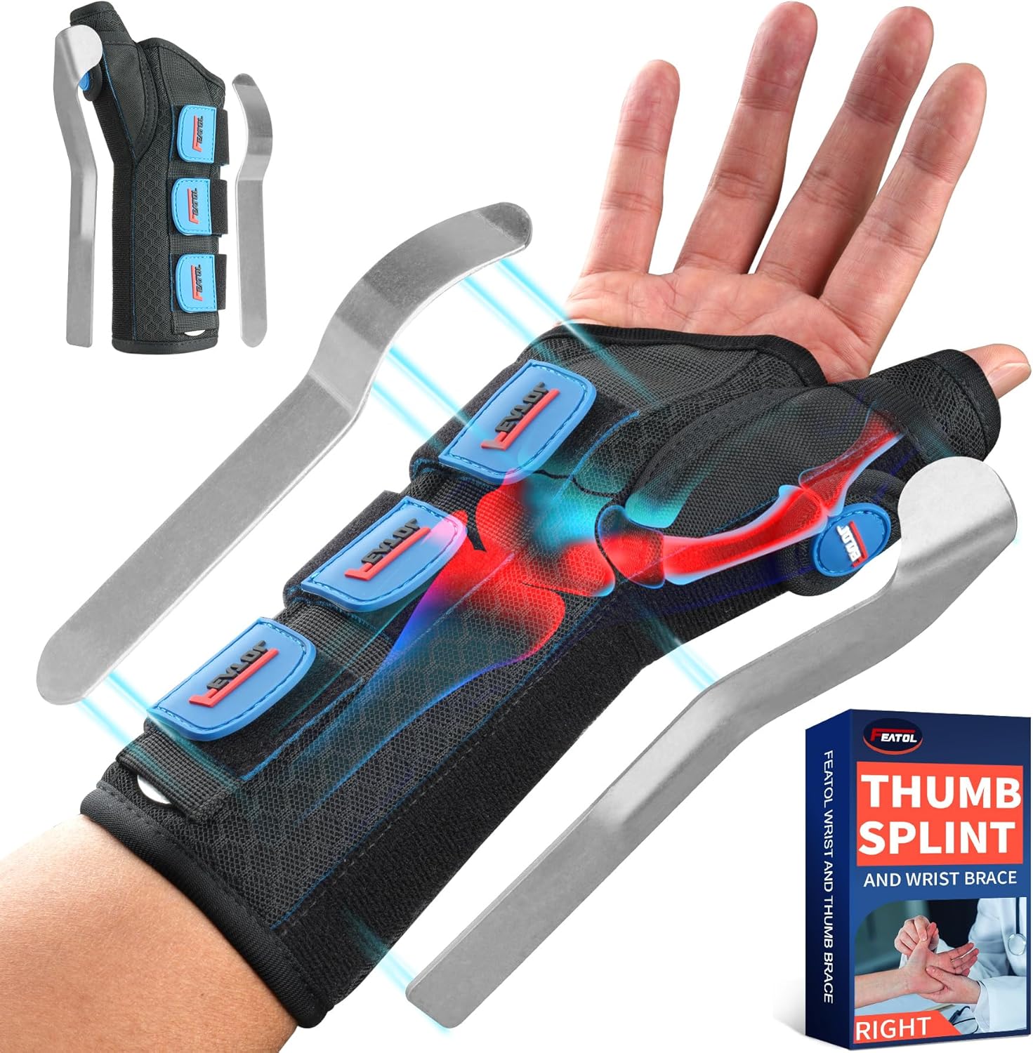 FEATOL Carpal Tunnel Wrist Brace Night Support, Thumb Spica Splint Right Hand for De Quervains Tenosynovitis, Tendonitis, Thumb Brace for Women Men, Black Blue, Large/XLarge