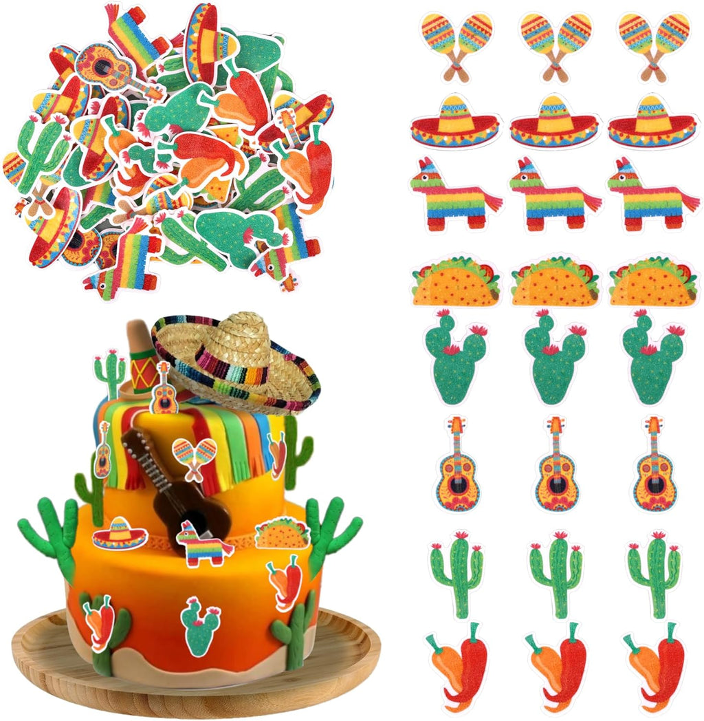 56 PCS Edible Mexican Fiesta Cupcake Toppers Cactus Donkey Maraca Sombrero Guitar Cupcake Picks Edible Mexican Fiesta Cake Decorations for Mexican Fiesta Theme Baby Shower Birthday Party Supplies