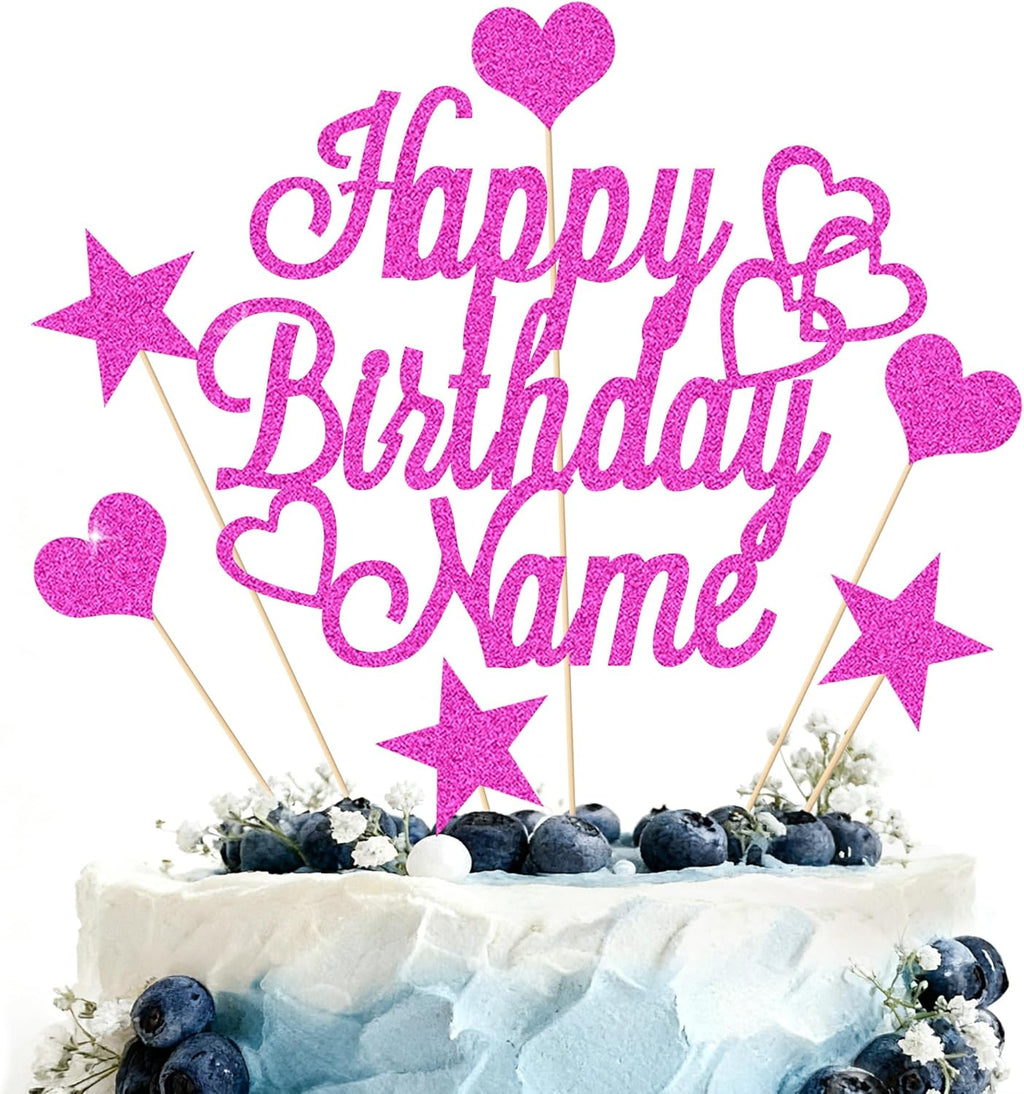 Personalized Happy Birthday Cake Topper | Customized Name Cake Decoration | Double Sided Glitter Card | Pink