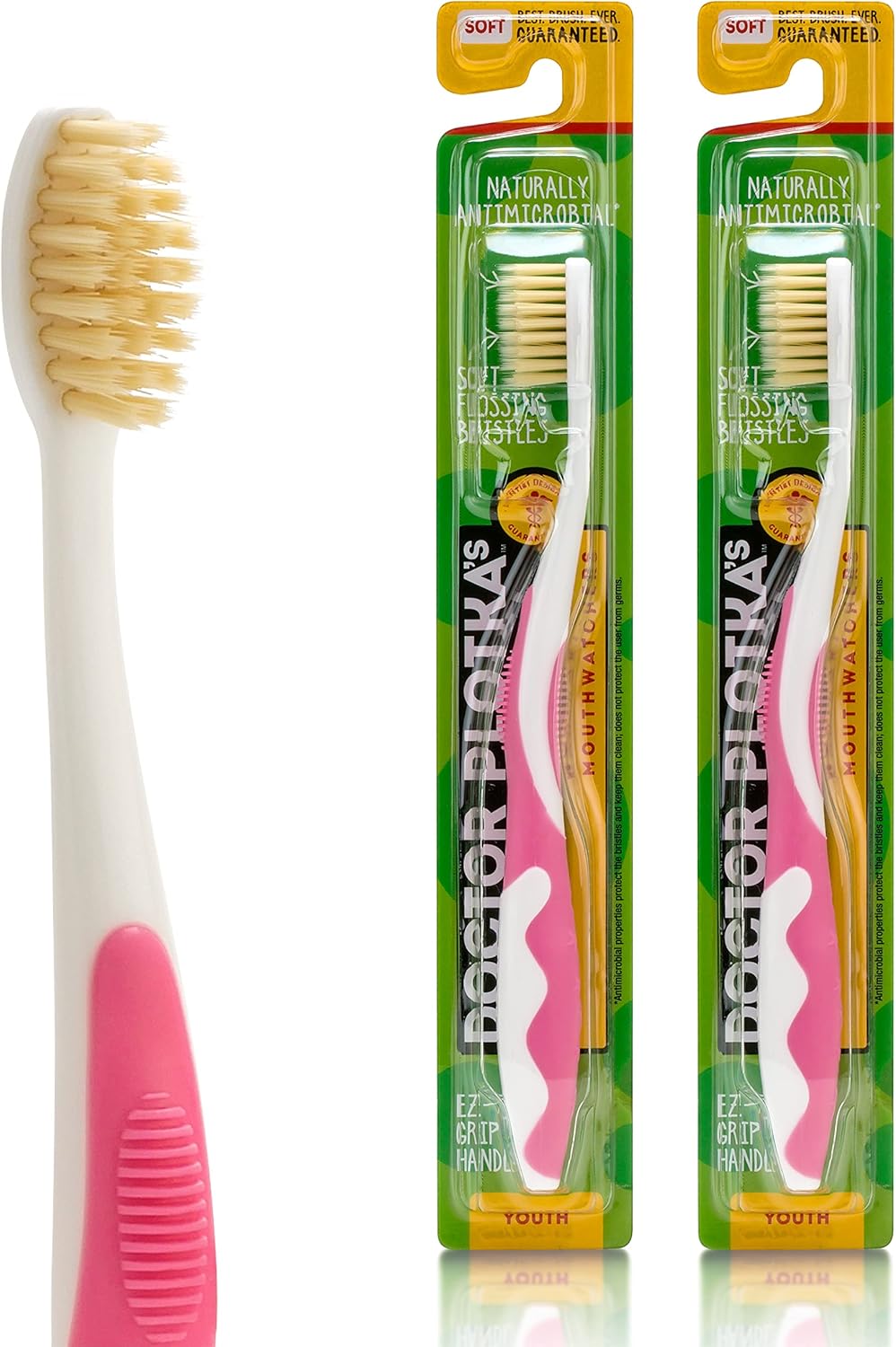 MOUTHWATCHERS Soft Childrens Flossing Manual Toothbrush, Set of 2 Pink Toothbrushes for Kids & Teens, Ultra Clean, by Dr. Plotka's