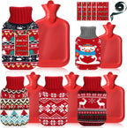 Hortsun 5 Pcs Christmas Hot Water Bottle with Knitted Cover and Inspirational Cards 1L Red Hot and Cold Water Bag for Menstrual Cramps Neck and Shoulder Pain Relief