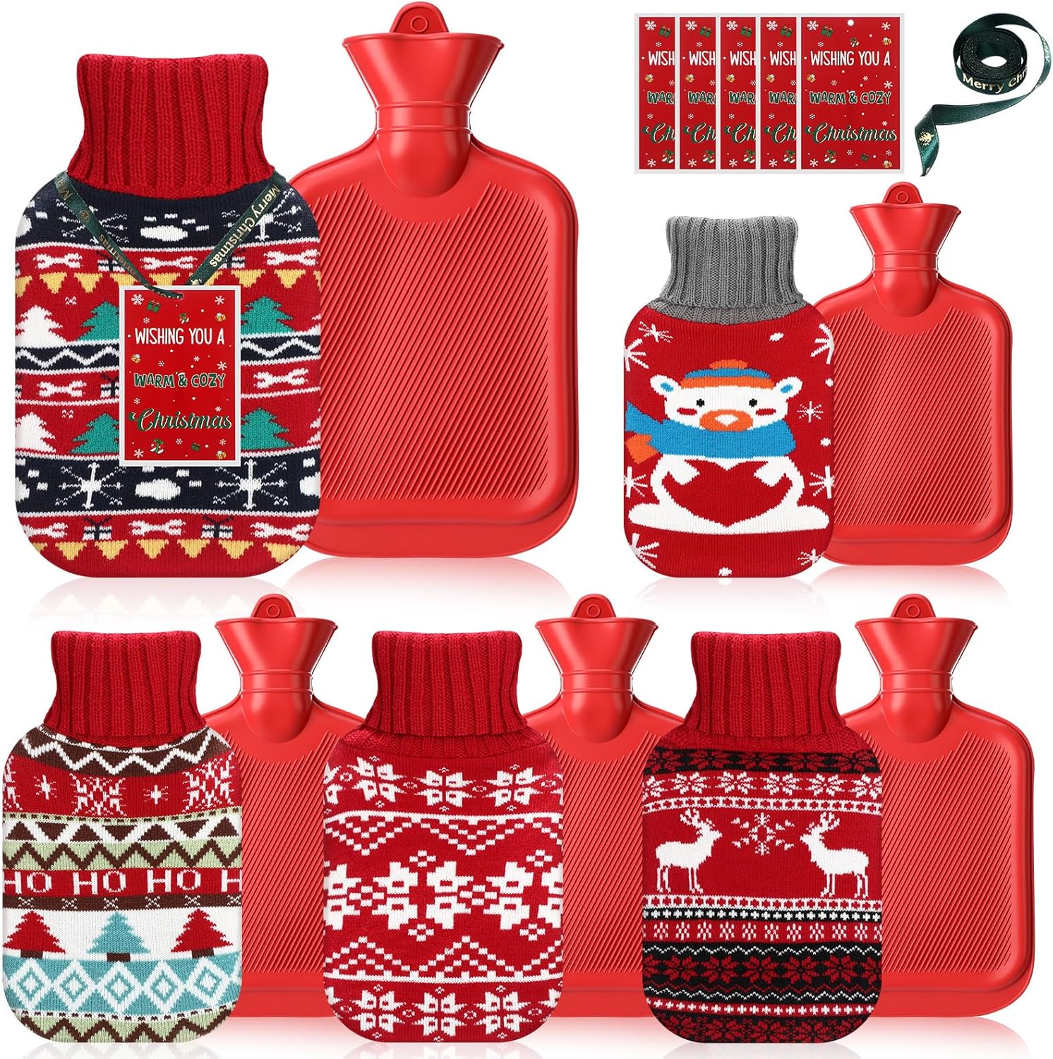 Hortsun 5 Pcs Christmas Hot Water Bottle with Knitted Cover and Inspirational Cards 1L Red Hot and Cold Water Bag for Menstrual Cramps Neck and Shoulder Pain Relief