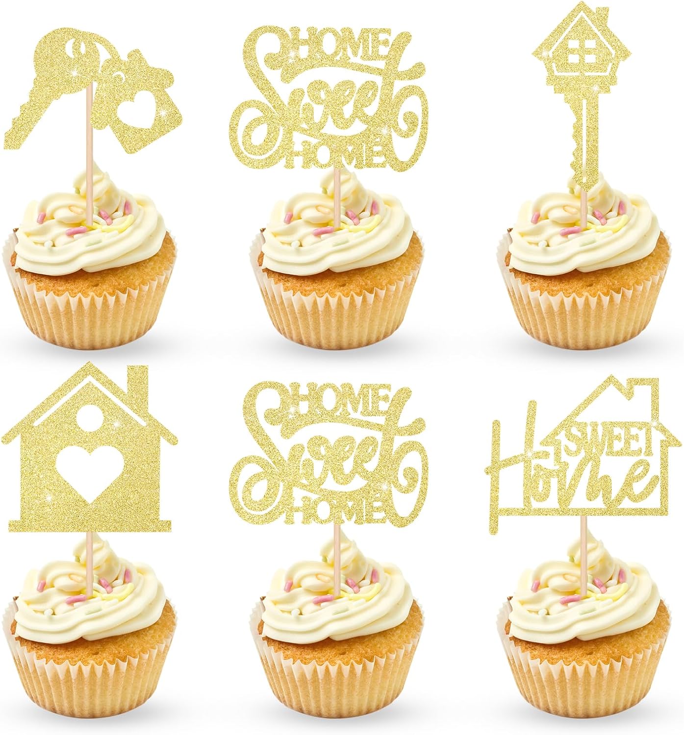 30PCS Sweet Home Cupcake Toppers - Gold Glitter Key House Warming Gifts New Home Party Decoration Housewarming Cake Picks New Home Theme Cake Party Supplies Decor