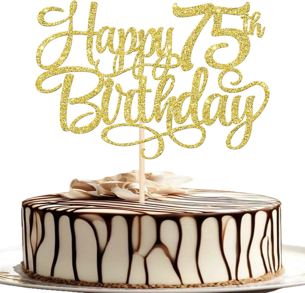 Rsstarxi 1 Pack Gold 75th Birthday Cake Topper Glitter Cheers to 75 Birthday Cake Decorations for Men Women Seventy Five Years Old 75th Anniversary Birthday Party Decorations Supplies