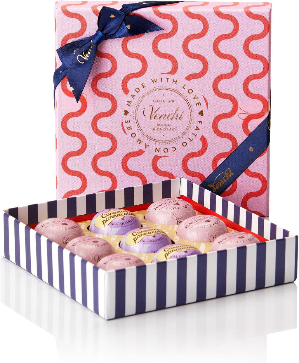 Venchi - Giftbox with 9 Milk Chocolate BacioDiDama and Caramel Pannacotta Pralines, 5.5 Oz, Gluten-Free, No Artificial Colours and Preservatives, Mother's Day Gift Idea