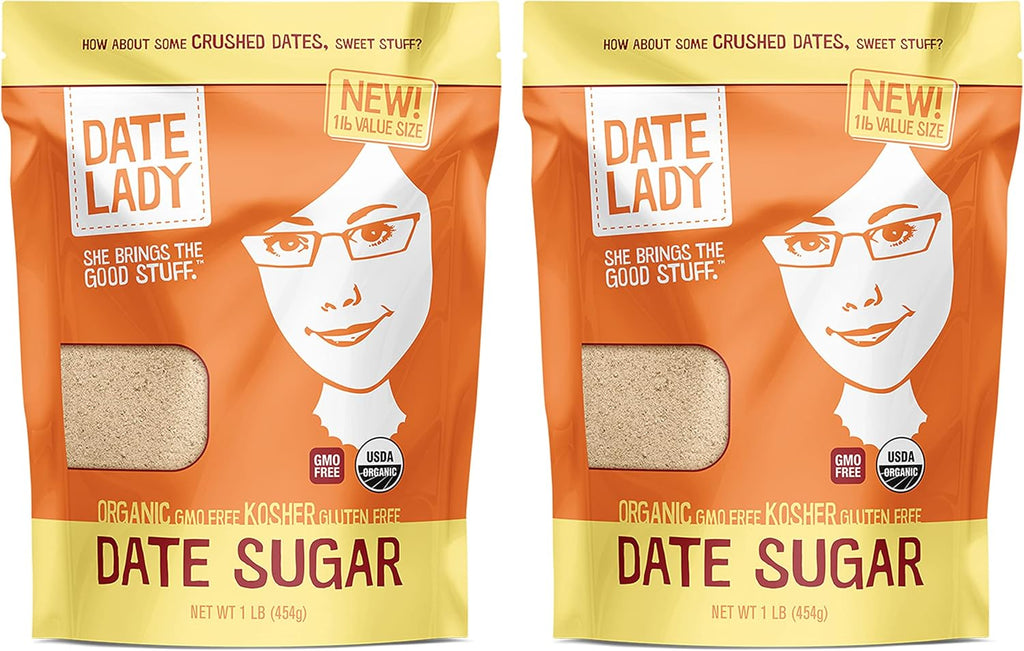 Date Lady Date Sugar, 1 lb, Organic | 100% Whole Food | Vegan, Paleo, Gluten-free & Kosher | Sugar Substitute and Alternative Sweetener for Baking | Will Not Dissolve in Your Coffee (2 Bags)