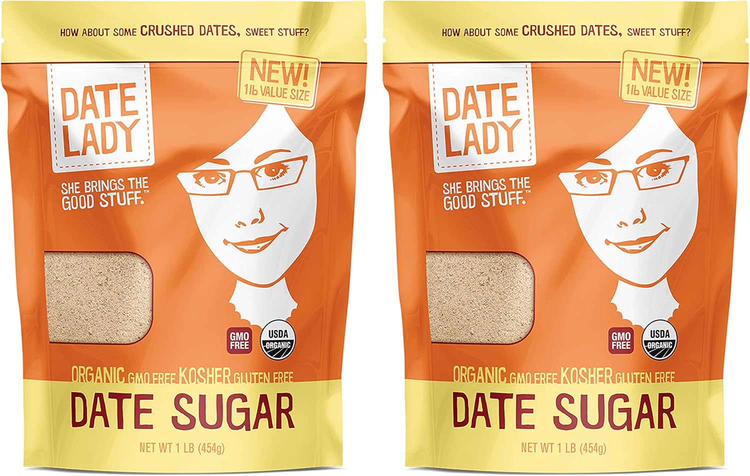 Date Lady Date Sugar, 1 lb, Organic | 100% Whole Food | Vegan, Paleo, Gluten-free & Kosher | Sugar Substitute and Alternative Sweetener for Baking | Will Not Dissolve in Your Coffee (2 Bags)
