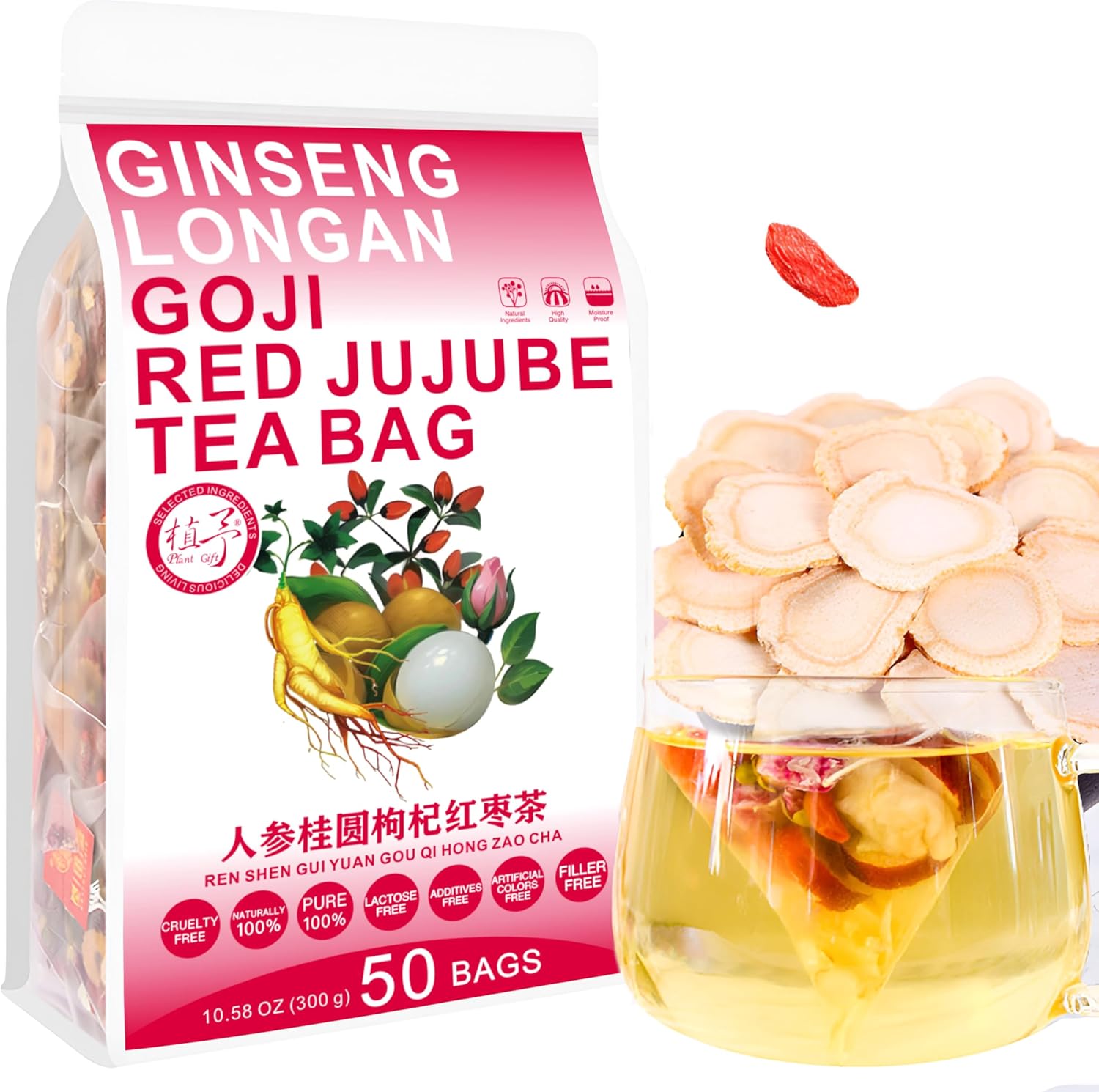 Plant Gift Ginseng Longan Goji Tea Bag 10.58oz (6g*50bags) Longan, Goji Berries, Red roses, Chinese Pure Natural, Health Care Mixed Tea, Combination of Floral Tea 300g 人参桂圆枸杞茶
