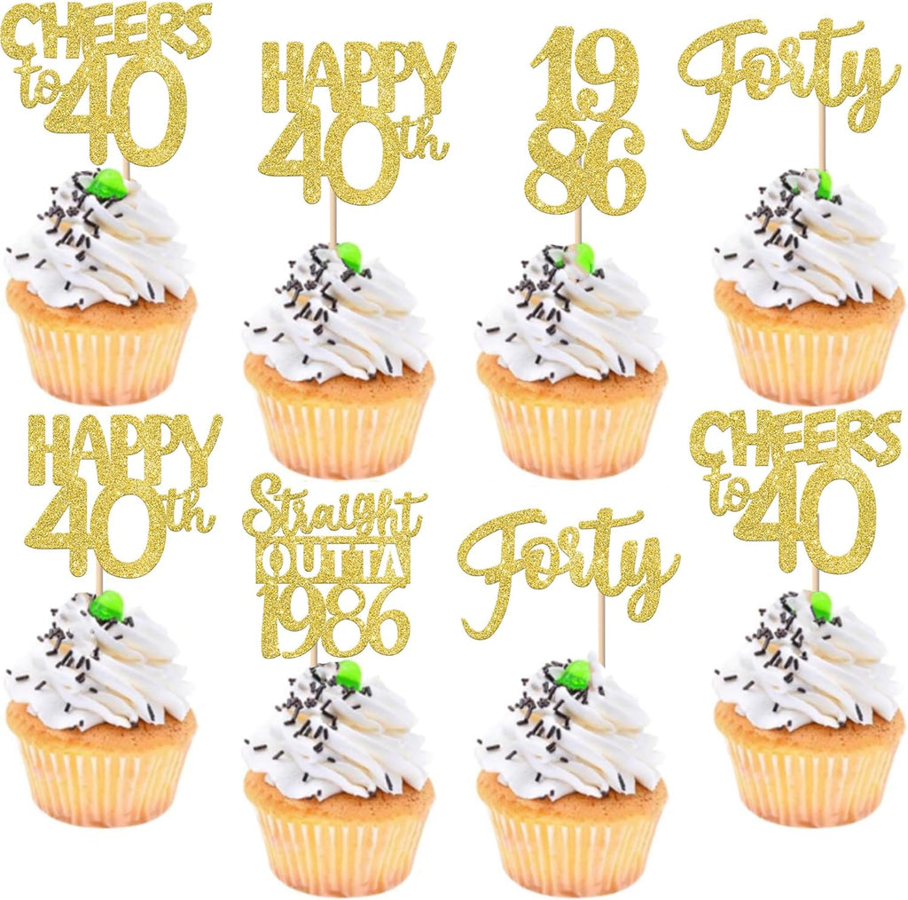 30PCS Straight Outta 1986 Cupcake Toppers Gold Glitter Forty Happy 40th Birthday Cupcake Picks Cheers to 40 Years Cake Decorations for 40th Birthday Anniversary Party Decoration Supplies